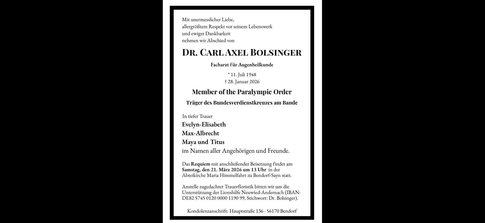 Nachruf: Wir trauern um unser langjähriges Clubmitglied Dr. med. Carl Axel Bolsinger, das am 28. Januar plötzlich und unerwartet verstorben ist.